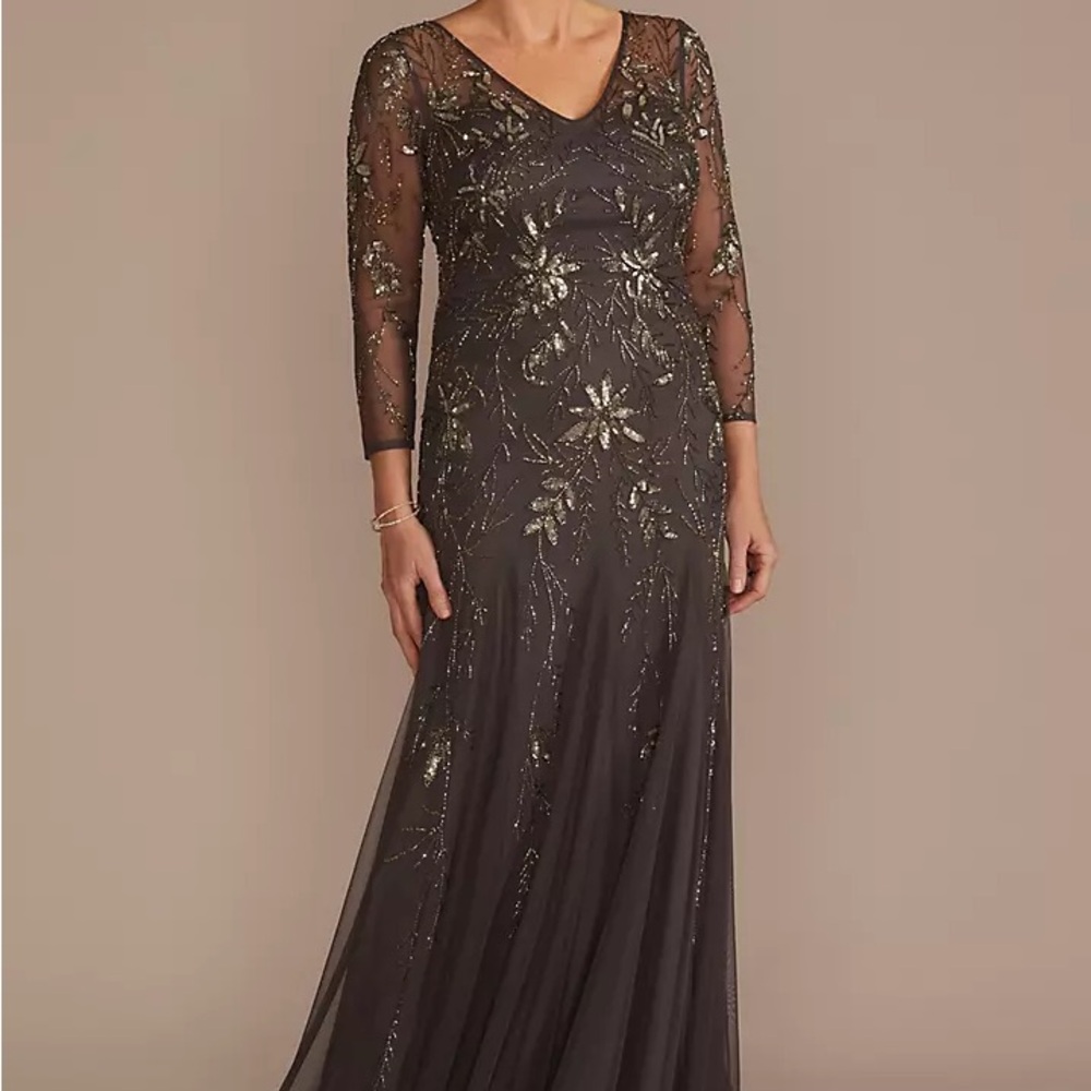 Oleg Cassini Gray Embellished Long Sleeve Gown